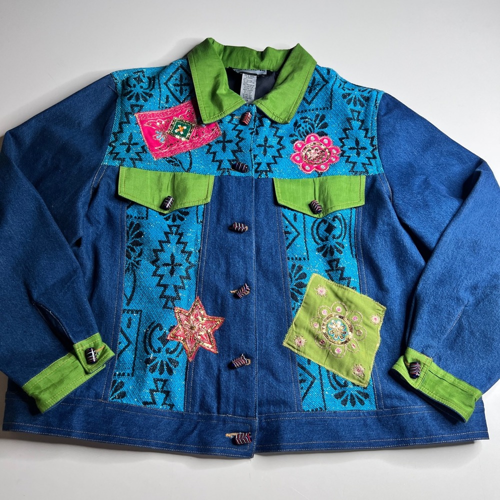 Indigo Moon Womens 1X Denim Patchwork Jacket Embellished Boho Sequin Blue Green